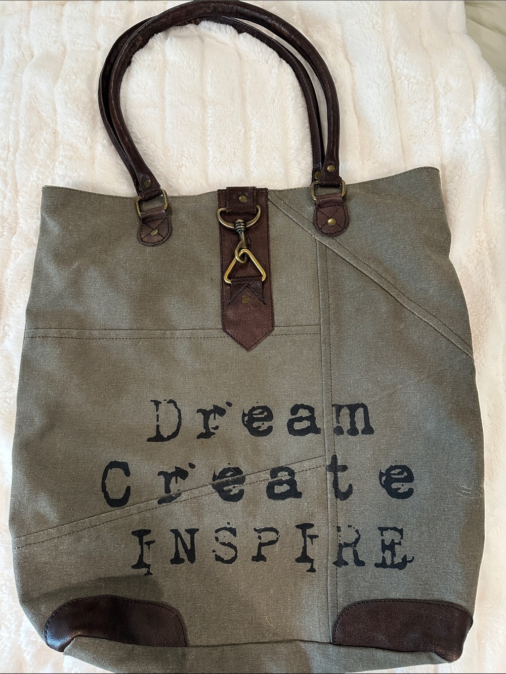 Canvas Tote Bag with Dark Brown Leather Accents